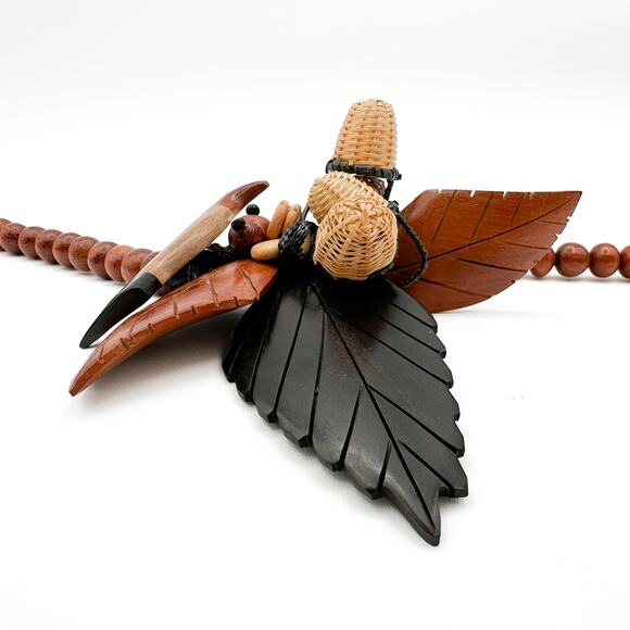 Carved Wood Hummingbird Statement Necklace Vtg Chunky Boho 1970s Beaded Handmade - Picture 8 of 13